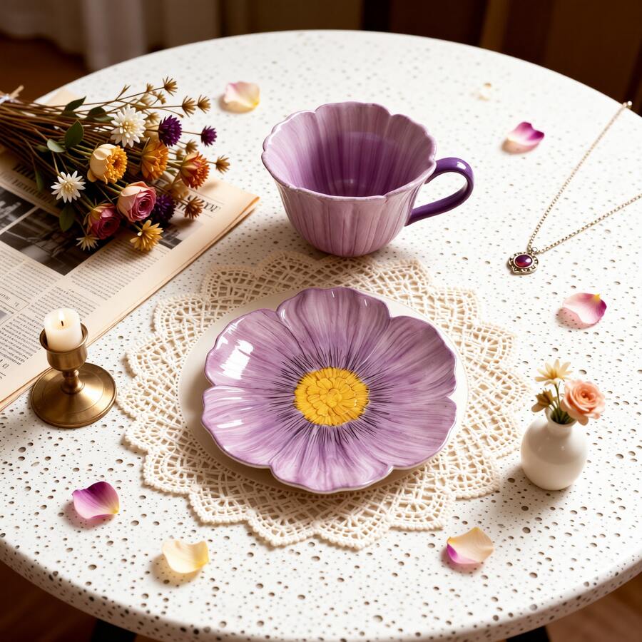 Hand-Painted Underglaze Creative Chiba Coffee Cup And Saucer Set, Combining Cups And Saucers, French Retro Petal Design Combined With Fine Glaze, Vivid Flowers, Is A Beautiful Gift For Housewarming, Birthdays And Other Occasions. - Mauve Purple - View 1