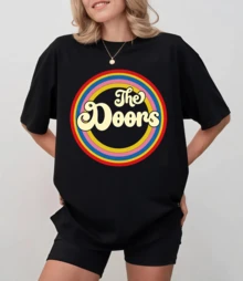 Short-Sleeved T-Shirt With "The  D-Oors Retro Rainbow Graphic" Print, Unisex Loose Fit - Black - View 8