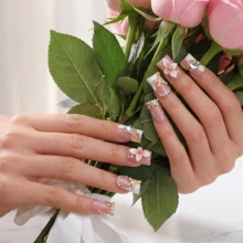 Handmade Reusable Press On Nails, Pink, Brown Gradient Base, 3D Flower Accents, Butterfly Details, Gem Embellishments, Glossy Finish, Elegant Charming Look Summer - Nhiều màu - Xem 3