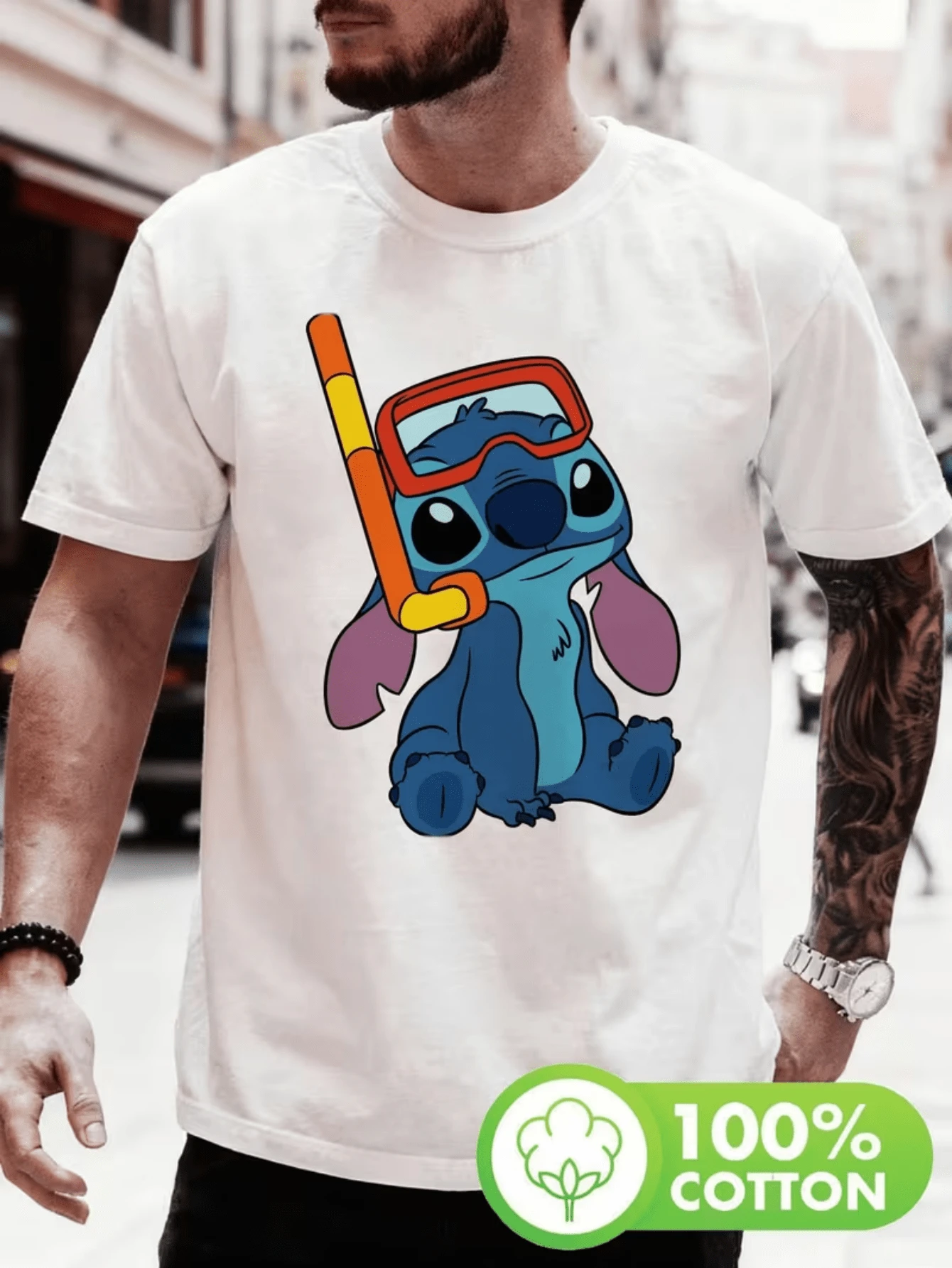 (Disney T Shirts)Disney Lilo & Stitch Stitch Snorkeling Funny Graphic T-Shirt, Men's 100% Cotton Crew Neck Short Sleeve Tee, Casual Loose Fit, Summer Vacation Vibe Front Print T-Shirt For Men, Mens Clothes, Men, Ropa De Hombre, Summer Clothes, Men Shirts, Graphic Tees, Disney Outfits Men, Graphic Tees, Camisetas Para Hombre, Camisas Para Hombre, Summer Outfits For Men, Father's Day Gift, Perfect Gift For Family And Friends, Which Are Necessary For Birthday Parties, Disney Shirts, Mens Clothes, Summer Clothes, Officially Licensed Disney T-Shirts, Disney Men's And Women's Spring/Summer Fashion Casual Short-Sleeve T-Shirts - trắng - Xem 1