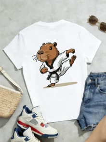 Women's Summer Casual Soft Round Neck Short Sleeve T-Shirt,The Karate Capybara Print Graphic Suitable For Spring And Summer Outfits. - Blanco - Ver 5