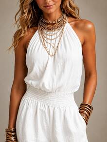 Women's Khaki Boho Halter Wide Leg Jumpsuit, Sexy Sleeveless Smocked Waist, Light Linen-Like Fabric, Summer Essential For Beach & Casual Daily Wear - 短白 - 查看 4