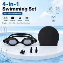 4-In-1 Anti-Fog Swimming Goggles Set, Includes Swim Cap, Nose Clip And Earplugs, Made Of Soft Silicone Material, Waterproof And Anti-Fog, Clear Vision, Comfortable Fit, Suitable For Swimming Pool, Beach, Swimming Training, Summer Water Sports, Fitness Exercise, Unisex - Multicolor - View 1