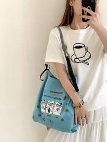 New Women's Shoulder Bag Tote Bag, Japanese Animal Embroidery Design Nylon Bag, Large Capacity Commuter Bag, Suitable For Shopping, Leisure, Festivals, Parties, Surprise Gift - Multicolor - View 6