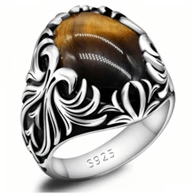 1pc 925 Sterling Silver Inlaid Natural Tiger Eye Stone Vintage Style Ring, Hollow Design, Blackened Finish, Women's Ring, Unisex, Suitable For Daily Wear, Ramadan, Gift - Silver - View 13