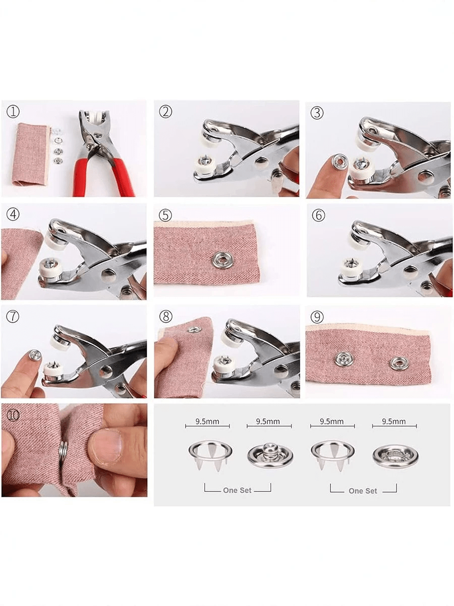Bộ dụng cụ tự làm khuy bấm kim loại, bao gồm kìm bấm khuy, thích hợp cho may vá và thủ công mỹ nghệ (9.5mm), có thể dùng cho quần áo, ba lô, áo liền quần trẻ em, may vá và đồ thủ công. - cái nút - Xem 7