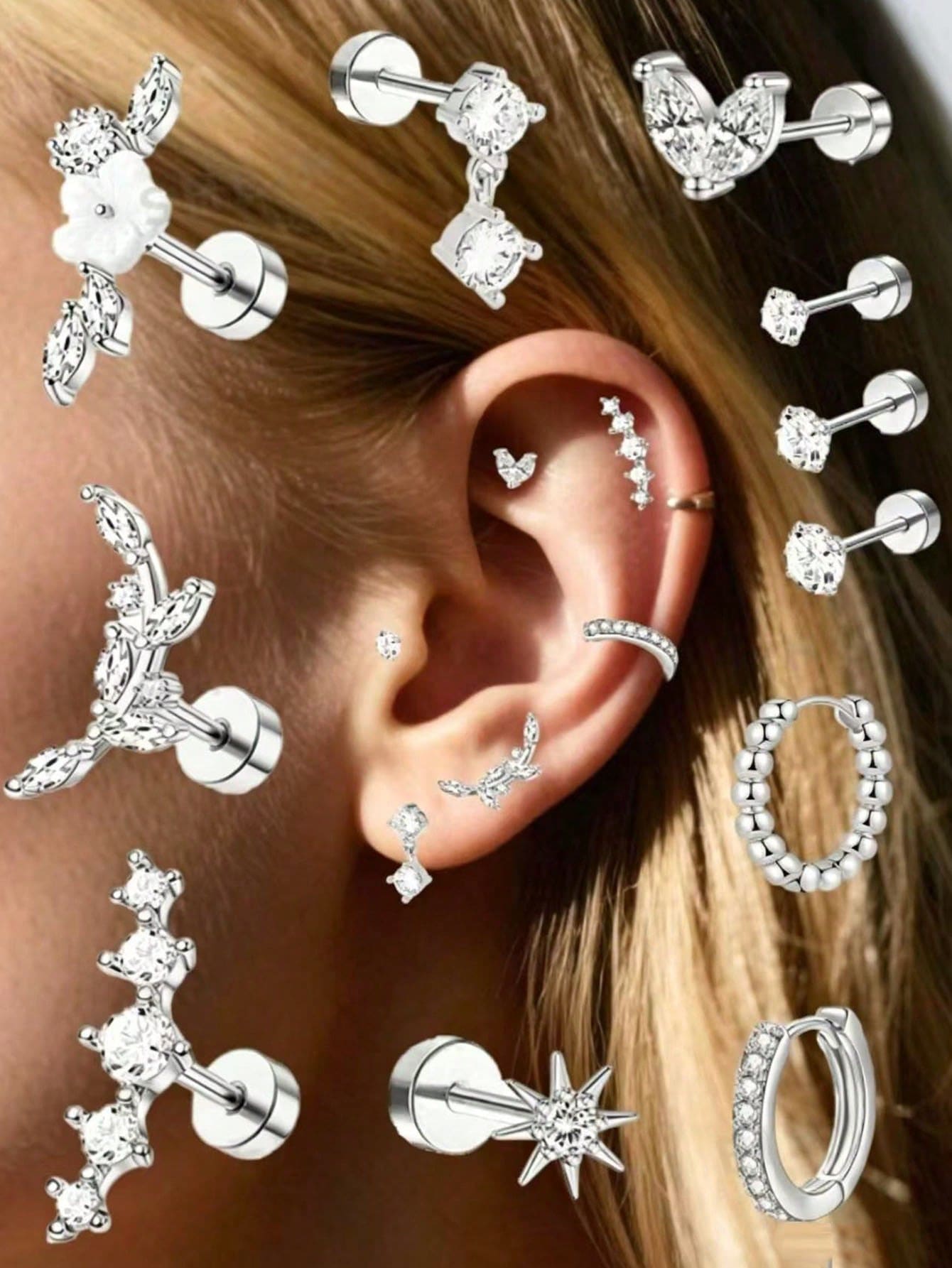 Bộ 16 chiếc khuyên tai sụn 16G, trang sức xỏ lỗ tai Tragus, khuyên tai vành tai, khuyên tai đinh tán, khuyên tai vành tai, khuyên tai có chốt vặn, khuyên tai đá Cubic Zirconia, khuyên tai nhỏ dành cho nữ - bạc 12 cái - Xem 1