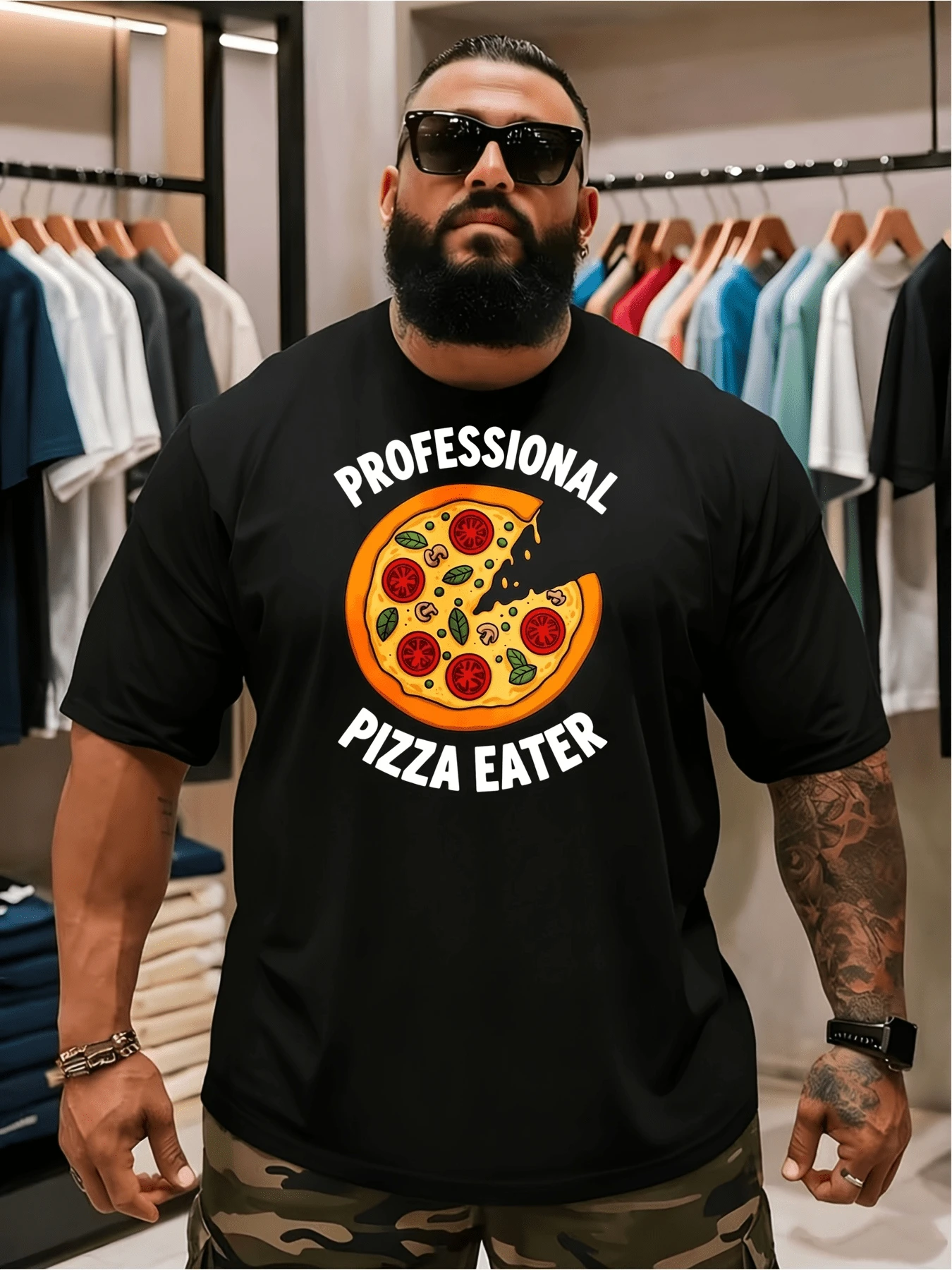 Pizza With Pepperoni Slices, Melted Cheese, And Green Leaves Representing A Passion For Food And Joy In Every Bite. Modern, Casual, Comfortable Men's T-Shirt For Pizza Lovers And Urban Fun. - 黑色 - 查看 1