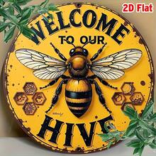 2D Flat, 1pc Vintage "Welcome To Our Hive" Metal Wall Decor - 8 Inch Round Iron Sign With Bee & Honeycomb Design, Rustic Yellow Background, Durable Home Decor For Home, Cafe, Garage - No Electricity Needed, Ideal Gift For Friends & Family, 2D Flat, Pre-Drilled Holes, Style As Shown In Size Image - Multicolor - View 3