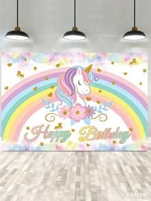 1件100*150厘米彩虹独角兽生日快乐涤纶背景布/横幅，是独角兽主题生日派对房间墙壁、室内/室外围栏装饰的完美之选，也可用作圣诞节和其他场合的悬挂布或装饰面料。 - 粉色 - 查看 10