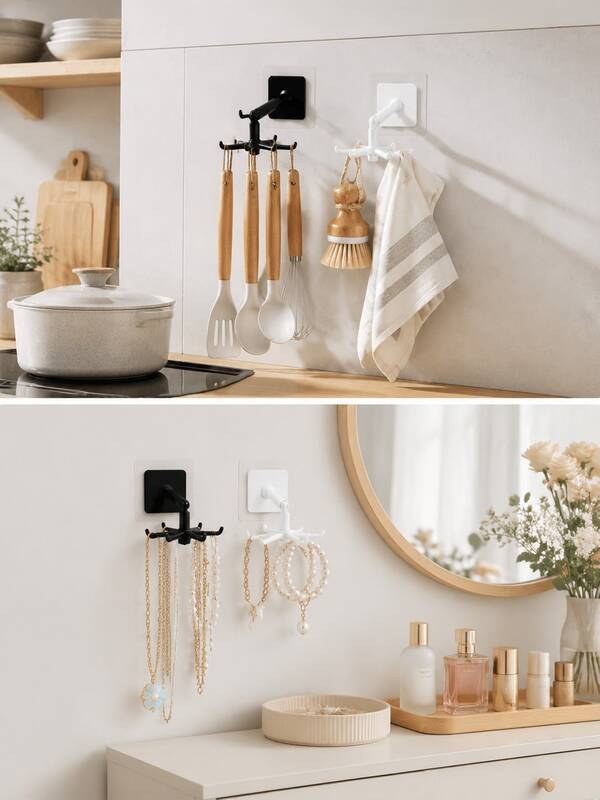 1pc 360° Rotating Multi-Arm Adhesive Hook, No Drilling Needed Removable Rotating Wall Hook, Heavy Duty Waterproof Hook Suitable For Kitchen Utensils, Bathroom Towels And Bedroom Closets, Great For College Students, RV Travelers, Minimalist Decor Enthusiasts, Apartment Renovation And Back To School Essentials