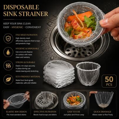 50 PCS Sink Filter Nets, For Kitchen Sinks, Drains, Vegetable Washing Basins, Garbage Separation, Anti-Clogging, One-Click Cleaning, Floor Drains, Filter Mesh Bags