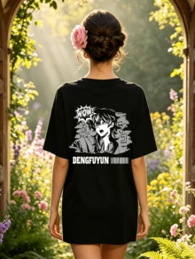 Women's Summer Casual Soft Round Neck Short Sleeve T-Shirt,The Anime Boy Print Graphic Suitable For Spring And Summer Outfits. - 黑色 - 查看 4
