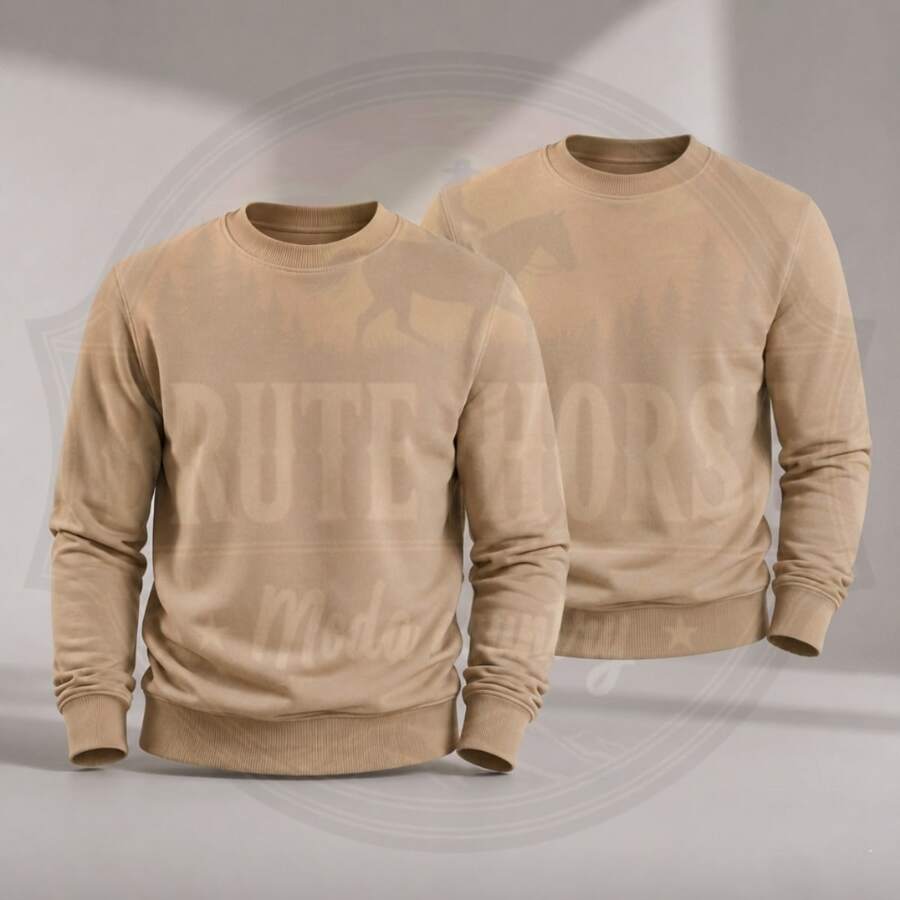 Men's Basic Casual Style Plain Unisex Crew Neck Sweatshirt Set - Beige - View 1