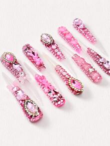 10 Pcs Handmade Long Pink Rhinestone Press On Nails, 3D Bunny, Bow, Full Rhinestone Inlay, Sweet And Gorgeous Atmosphere Summer - Hồng - Xem 2