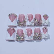Dreamy Bride Bridesmaid Press On Nails, Premium Handmade Short Duck Nails, Elegant French Style, Nude, White Patchwork Summer - trắng - Xem 3