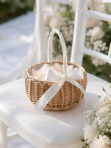 Woven Hand-Carried Flower Basket Rattan Storage Basket With Bow, Practical Woven Willow Flower Basket, Suitable For Birthday Parties - Flower Basket - View 4