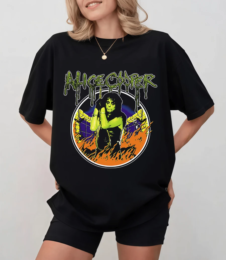 Black T-Shirt With A Disgusting Green Logo And An Illustration Of A-Li-Ce C-Ooper On Fire, Unisex Relaxed Fit - Black - View 1