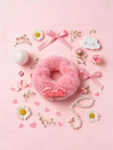 Miniso Barbie Fuzzy Plush Scrunchie Hair Tie 1Pc Stretchy Soft Comfortable Convenient Practical Easy To Use For Women Adults Daily Wear Face Washing Makeup Party Gift Includes Ponytail Holder Elastic Hair Band - Style1 - View 6