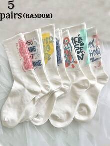 5/7 Pairs (Random Delivery) Women's Korean Style Letter & Hiphop Colorful Casual Crew Socks, Suitable For Daily Wear - White - View 10