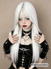 26 Inch White Long Straight Synthetic Hair Wig With Bangs, Y2K, Goth And Punk Style Synthetic Wig Suitable For Women's Daily Wear And Cosplay, Halloween - Multicolor - View 2
