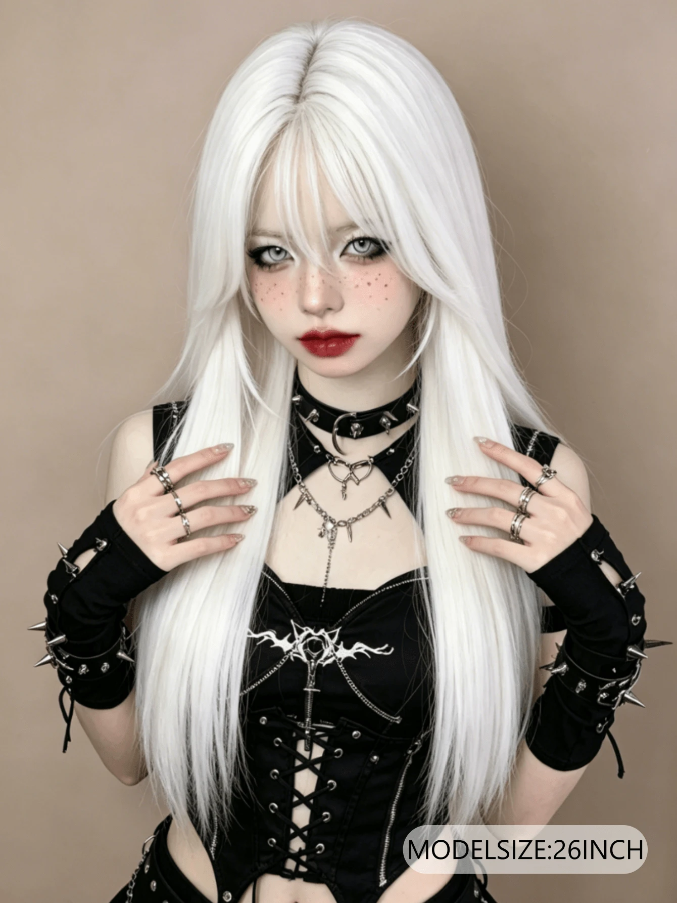 26 Inch White Long Straight Synthetic Hair Wig With Bangs, Y2K, Goth And Punk Style Synthetic Wig Suitable For Women's Daily Wear And Cosplay, Halloween