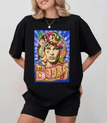 Black T-Shirt With Ps-Ychede-Lic Portrait Of Jim Mo-Rris-On And The D-Oors, Unisex Relaxed Fit - Black - View 8