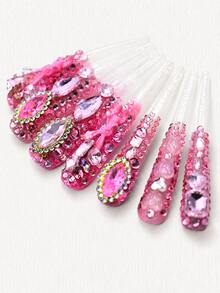 10 Pcs Handmade Long Pink Rhinestone Press On Nails, 3D Bunny, Bow, Full Rhinestone Inlay, Sweet And Gorgeous Atmosphere Summer - Hồng - Xem 3