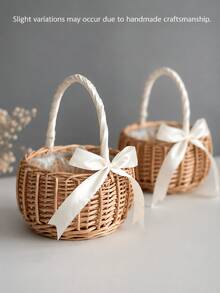 Woven Hand-Carried Flower Basket Rattan Storage Basket With Bow, Practical Woven Willow Flower Basket, Suitable For Birthday Parties - Flower Basket - View 2
