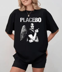 Placebo Angel Portrait Print T-Shirt, Dark Rock Style, Loose-Fitting Crew Neck T-Shirt - Black - View 9