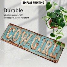 復古裝飾藝術風格「Cowgirl」鐵製招牌－仿舊青綠色與白色雙色金屬牆飾，尺寸 16x4 英吋，適合酒吧、餐廳、門廊、花園、西部主題空間，牛仔裝飾，2D 圖形設計 - 多色 - 查看 7