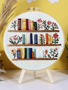 Adult Beginner Embroidery Kit 15x15cm/5.9in Or 20x20cm/7.9in, Patterns: Cat, Plants, Dandelion And Bookshelf, Includes Fabric, Guide, Embroidery Hoop, Needles And Threads, Suitable For Thanksgiving/Christmas Gift, Home, Garden Or Office Decor - A - View 3