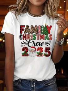 Camiseta de Mujer con Estampado Gráfico de Papá Noel, Ideal para Verano y Primavera - Manga Corta, Cuello Redondo, con Cara de Papá Noel y Texto de Navidad Familiar 2025, Ropa Casual para Fiestas, Lavable a Máquina (Para Uso Todo el Año) - Blanco - Ver 1