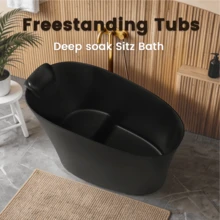 Luxury 51" Solid Surface Freestanding Soaking Bathtub, Modern Oval Matte Black Spa Tub With Integrated Ergonomic Seat, Headrest, Overflow & Drain Assembly - Black + Solid Surface - View 3