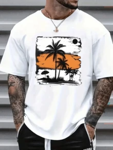 Palmerales bañados por el sol al atardecer transmiten la serenidad de unas vacaciones tropicales evocando relajación y evasión este camiseta de hombre con estilo veraniego es perfecta para días soleados y noches cálidas ofrece comodidad y un toque vacacional único perfecta para lucir un look relajado y auténtico para un hombre moderno y con gusto por la aventura casual y refrescante. - Blanco - Ver 8