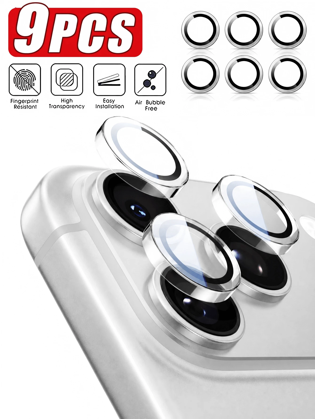 9Pcs Tempered Glass Camera Lens Protector For 17 Pro Max, HD Clear Lens Cover With Shiny Crystal Metal Ring, Anti-Scratch, Waterproof, Shockproof, Anti-Fall Camera Protection, Cute Lens Accessory For Women, Compatible With IPhone 17/16/15/14/13/12/11 Series, Including Air, Plus, Pro & Pro Max Models - Clear - View 1