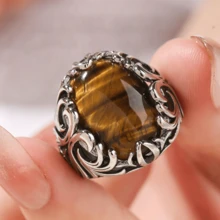 1pc 925 Sterling Silver Inlaid Natural Tiger Eye Stone Vintage Style Ring, Hollow Design, Blackened Finish, Women's Ring, Unisex, Suitable For Daily Wear, Ramadan, Gift - Silver - View 6