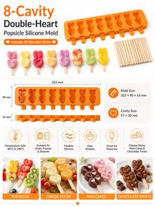 1pc 8-Cavity Double Heart Popsicle Mold Set With 50 Wooden Sticks, Silicone Molds For Homemade Ice Pops, Cake Pop Mold, Cake Pop Molds, Chocolate, Mini Cakes & Cheese Sticks, Reusable Kitchen Tool For Summer Treats, Freezer/Oven/Steamer Use (-40°C To 240°C), Easy Release Dessert Maker, Cute Kitchen Essentials With Popsicle Stick & Popsicle Sticks For DIY Snacks And Gifts - Bộ khuôn 8 ngăn kèm 50 que gỗ - Xem 6