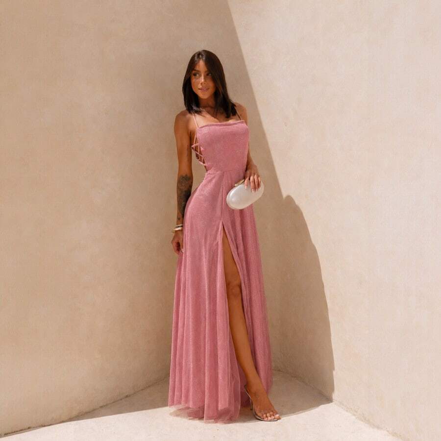 Gabi Dress With Sparkling Tulle And Crossed Side Detail - Rose Gold - 查看 1