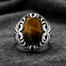 1pc 925 Sterling Silver Inlaid Natural Tiger Eye Stone Vintage Style Ring, Hollow Design, Blackened Finish, Women's Ring, Unisex, Suitable For Daily Wear, Ramadan, Gift - Silver - View 5