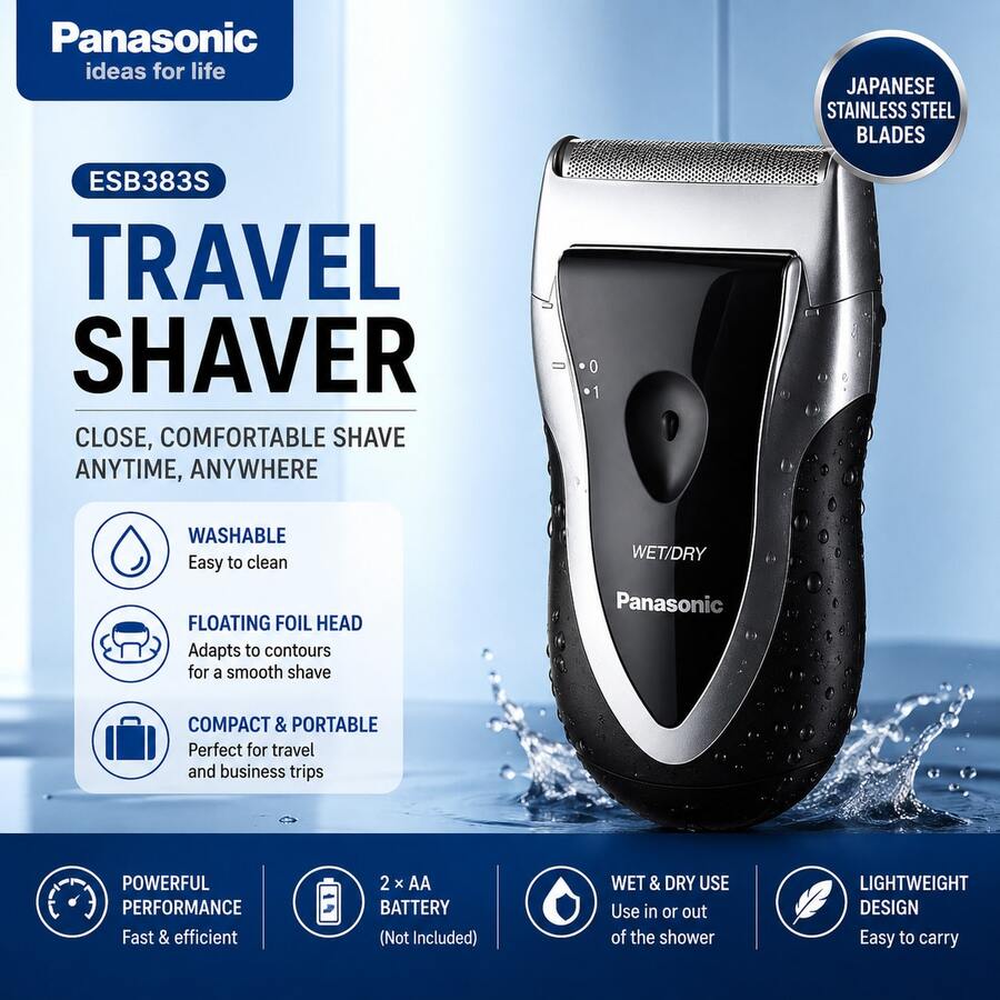 Panasonic ESB383S Portable Electric Shaver For Men Compact Travel Razor With Floating Foil Blade Battery Not Included - Black - View 1