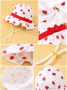 1pc Baby Girls' Flower Pattern Bow Decor Sun Hat - Red and White - View 3