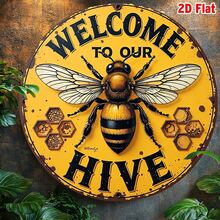 2D Flat, 1pc Vintage "Welcome To Our Hive" Metal Wall Decor - 8 Inch Round Iron Sign With Bee & Honeycomb Design, Rustic Yellow Background, Durable Home Decor For Home, Cafe, Garage - No Electricity Needed, Ideal Gift For Friends & Family, 2D Flat, Pre-Drilled Holes, Style As Shown In Size Image - Multicolor - View 7