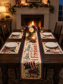 1 pieza "Estrellas, Rayas y Libertad" Juego de Camino de Mesa y Manteles Individuales - Estampado Floral Vintage de Bandera Americana con Borde Azul, Perfecto para Decoración del Hogar, Decoración de Habitación, Accesorios de Cocina, Jardín, Artículos de Jardín, Fiesta Campestre del 4 de Julio, Barbacoa, Picnic, Reunión Familiar, Celebración del Día de los Caídos y Boda Patriótica, Incluye 1 Camino de Mesa + 4 Manteles Individuales, Múltiples Tamaños Disponibles - Multicolor - Ver 2