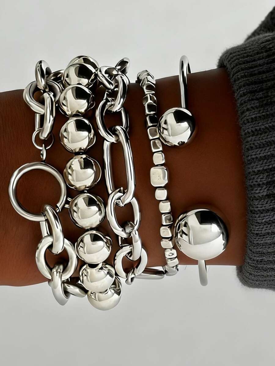 5Pcs Vintage Chunky Silver Multi-Layer Bracelet Set, Edgy Chic Chain With Beaded Heart Detail & Smooth Cuff, Perfect Gift For Women's Fashion Accessories - Silver - View 1