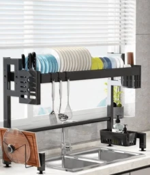 GLOBAL Z-A Escurridor para platos de cocina lava, escurridor para fregadero con jaula para palillos cubierto,Escurridor de vajilla para el hogar organizador de vajilla para el hogar, organizador de accesorios de cocina - NEGRO 85CM - Ver 4