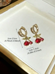 1pair Sweet Lovely Delicate Rhinestone Cherry Earrings, Suitable For Women - Multicolor - View 2