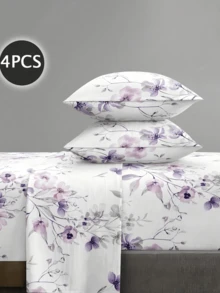 四件套花卉图案床上用品，包含1个床笠、1个床单和2个枕套，适用于单人床、双人床、大号床和特大号床，奢华酒店风格，柔软透气，是送给父母、朋友、开学季或宿舍的理想礼物。 - 白色 - 查看 1