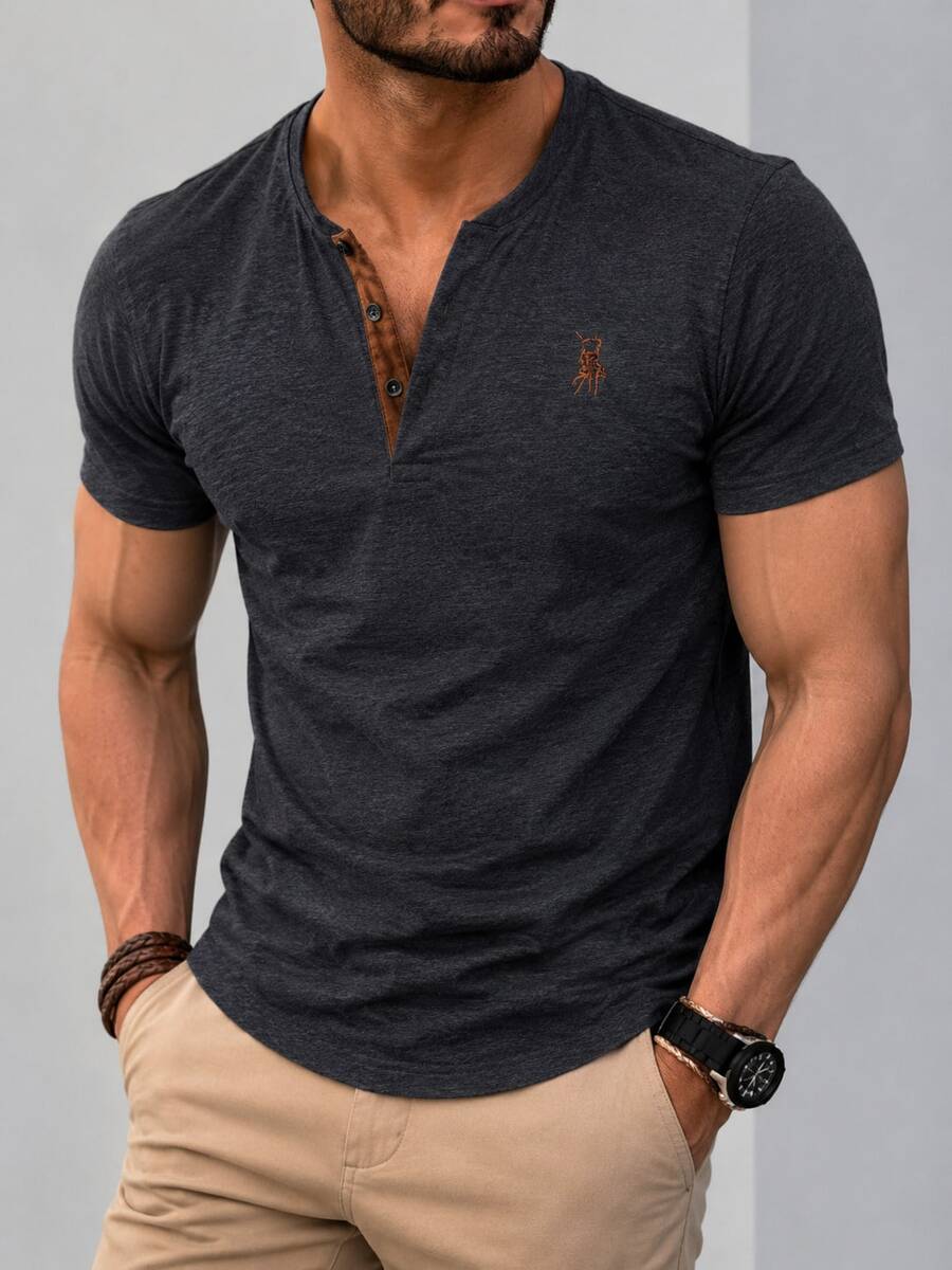 Camisa polo de manga corta con botones hasta la mitad y patrón bordado, de uso casual y de negocios para hombre en verano - Gris Oscuro - Ver 1