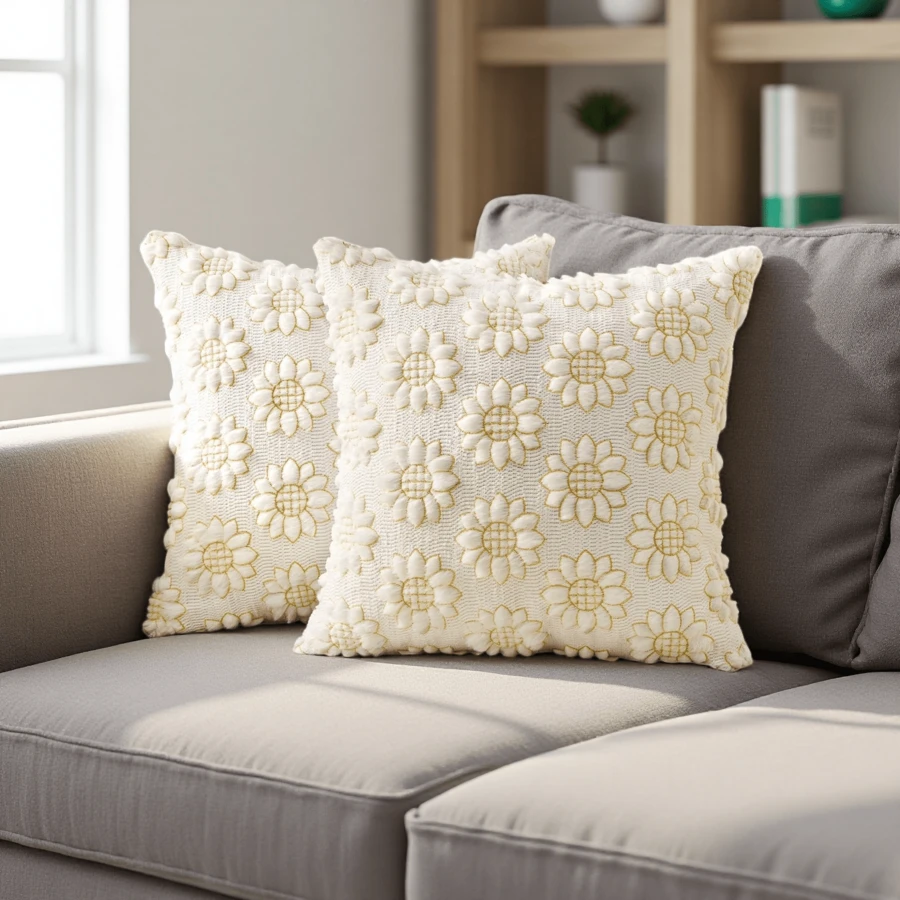1pc Cream-Colored Floral & Sunflower Printed Soft Plush Decorative Pillow Case, Suitable For Spring, Summer And Autumn Home Decor - Milky White - View 1